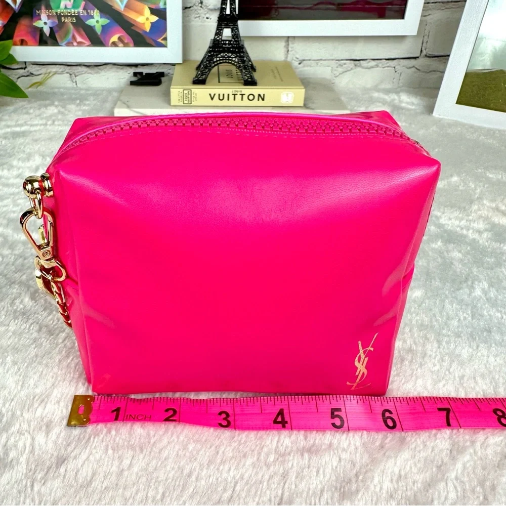 YSL Yves Saint Laurent Hot Pink faux leathe Beauty Pouch Wristlet bag wi… - Picture 9 of 10